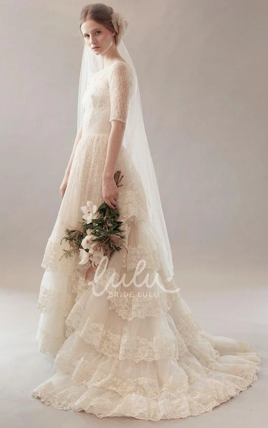 Modest Floral Boho Lace A-Line Short Sleeve Warm Wedding Dress Vintage Romantic Boat Neckline Lace Layers Bridal Gown