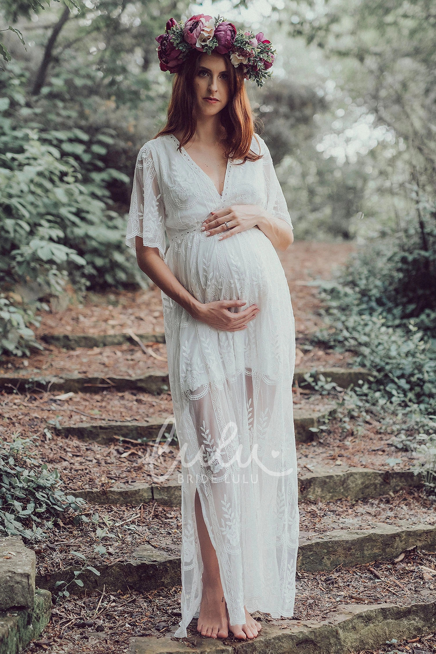 Half Sleeve Empire Maternity Wedding Dress in Floor-length Sheath