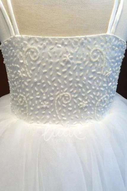 Criss-Cross Spaghetti Ankle-Length Tulle&Lace Flower Girl Dress with Straps Flowy Wedding Dress