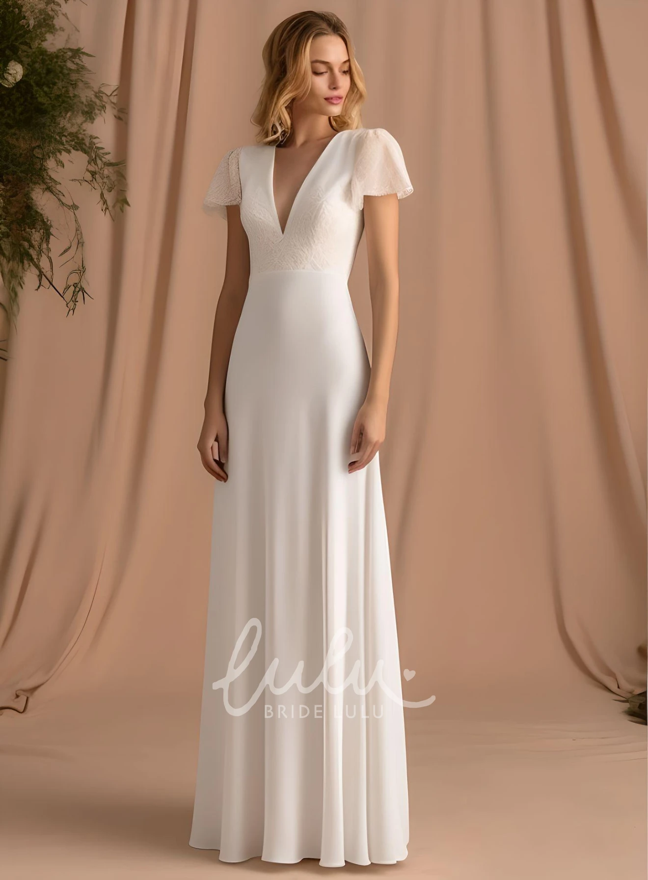 A-Line Satin V-neck Short Sleeve Wedding Dress Elegant Beach Court Unique