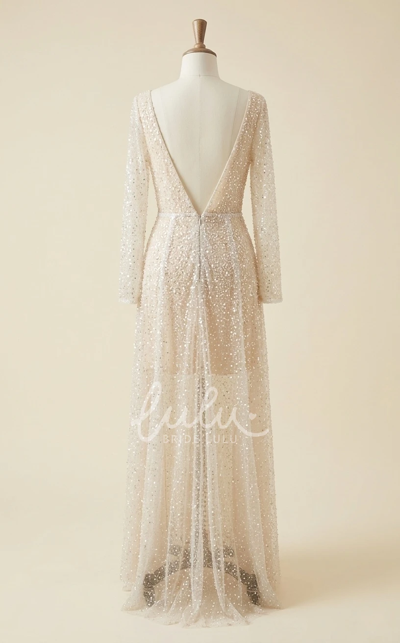 Beach A-Line Long Sleeve Sparkly Wedding Dress Casual Floor Length V-Neck Spring Bridal Gown