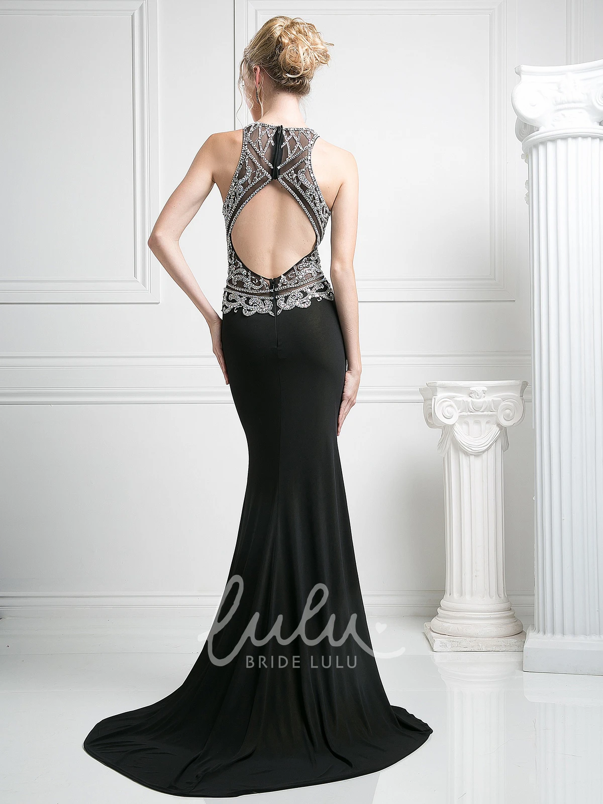 Court Train Jersey Pencil Formal Dress with Keyhole and Beading