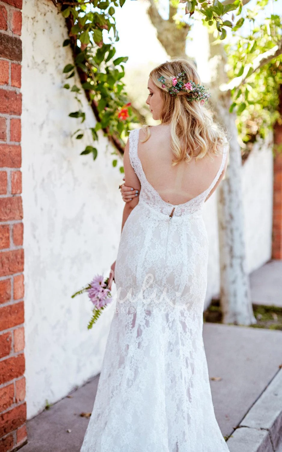 Ivory Lace Low Back Beach Wedding Dress Trumpet Style