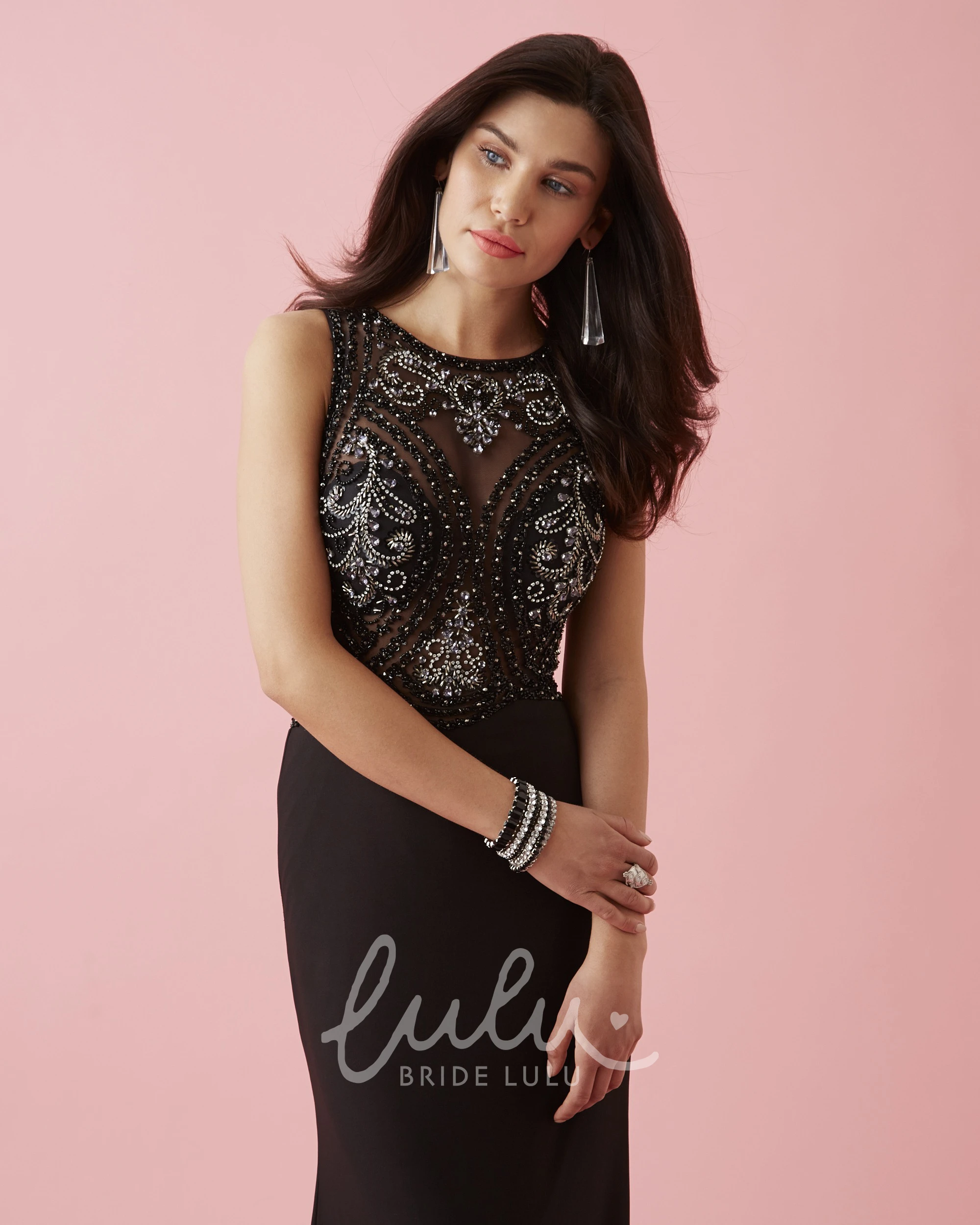 Scoop-Neck Sheath Jersey Bridesmaid Dress with Illusion and Beading