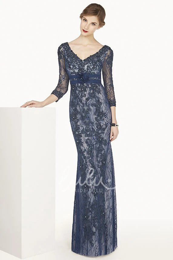V-Neck Appliqued Lace Prom Dress with Beading and Flowers Sheath Floor-Length 3/4 Sleeves