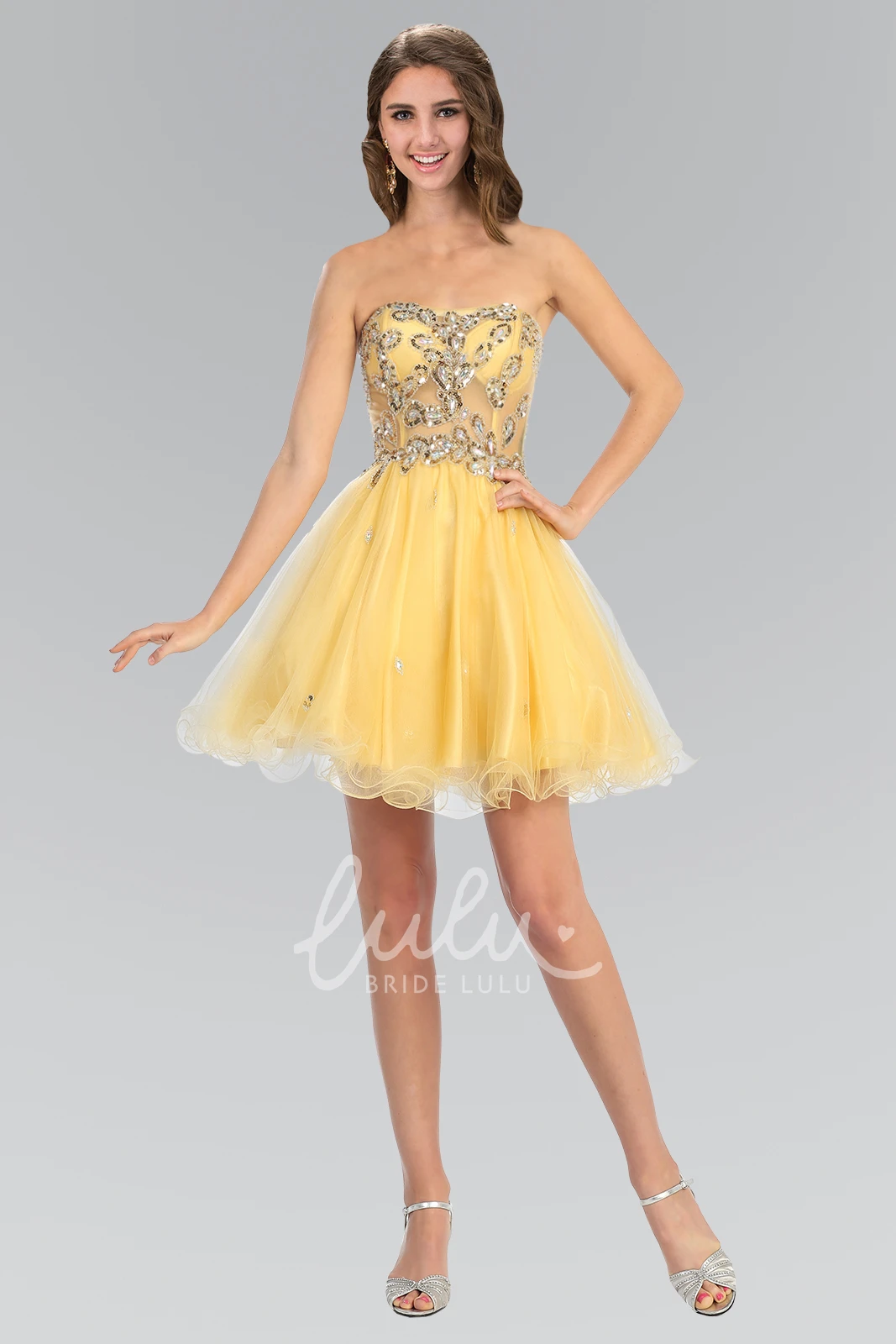 Strapless A-Line Tulle Satin Prom Dress with Beading and Pleats
