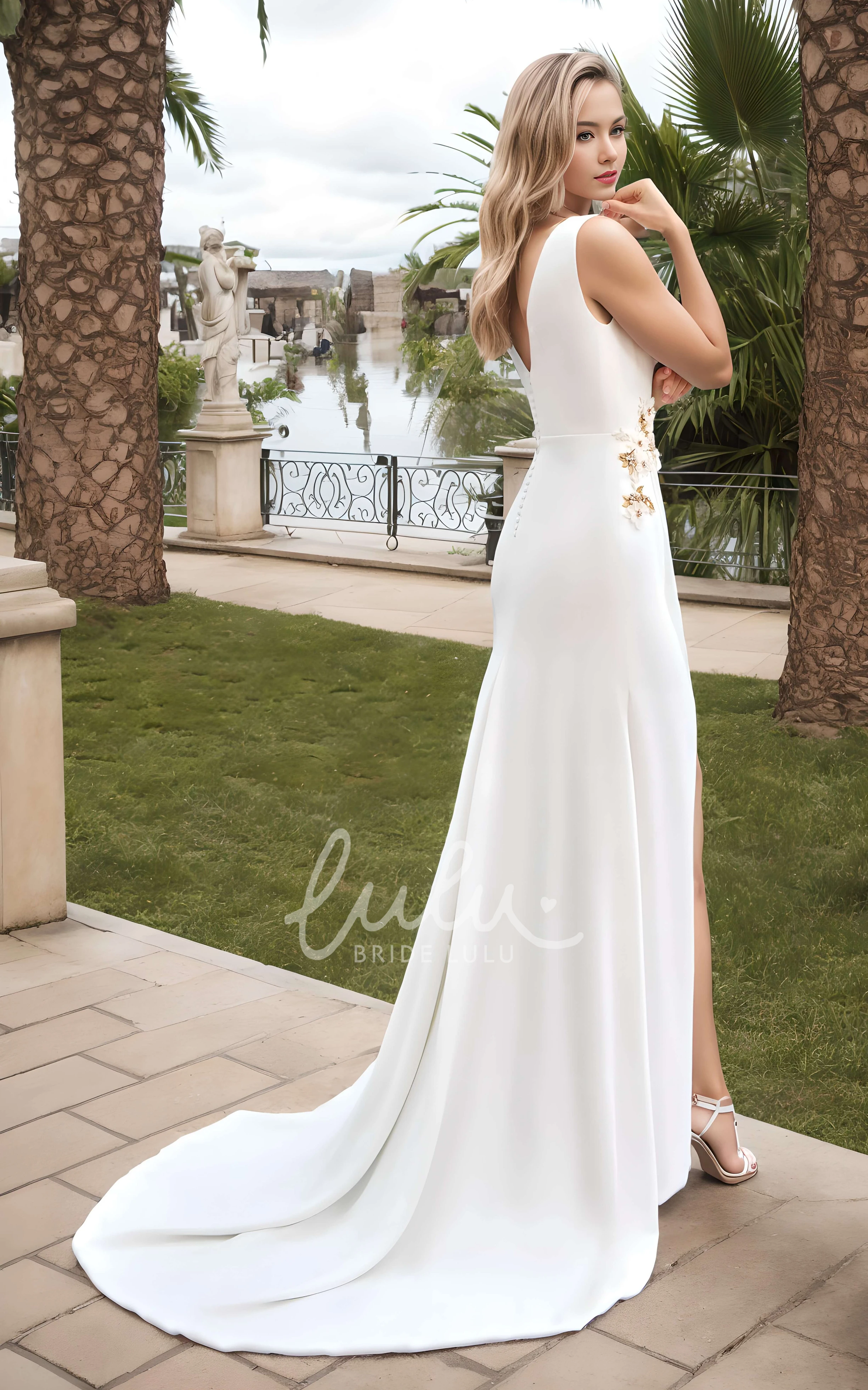 Elegant Sheath Satin Sleeveless Deep V Neck Wedding Dress Romantic Jewel Neck Floral Front Slit Gown