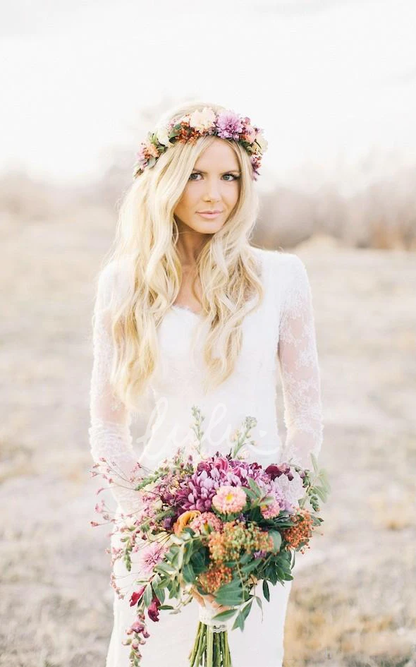 Long Sleeve V-Neck Lace Wedding Dress with Court Train