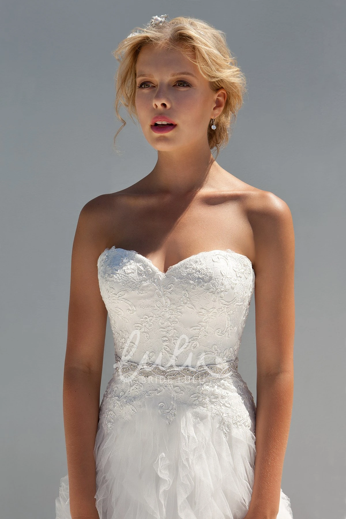 Sweetheart Tulle Wedding Dress with Cascading Ruffles and Waist Jewelry A-Line Floor-Length