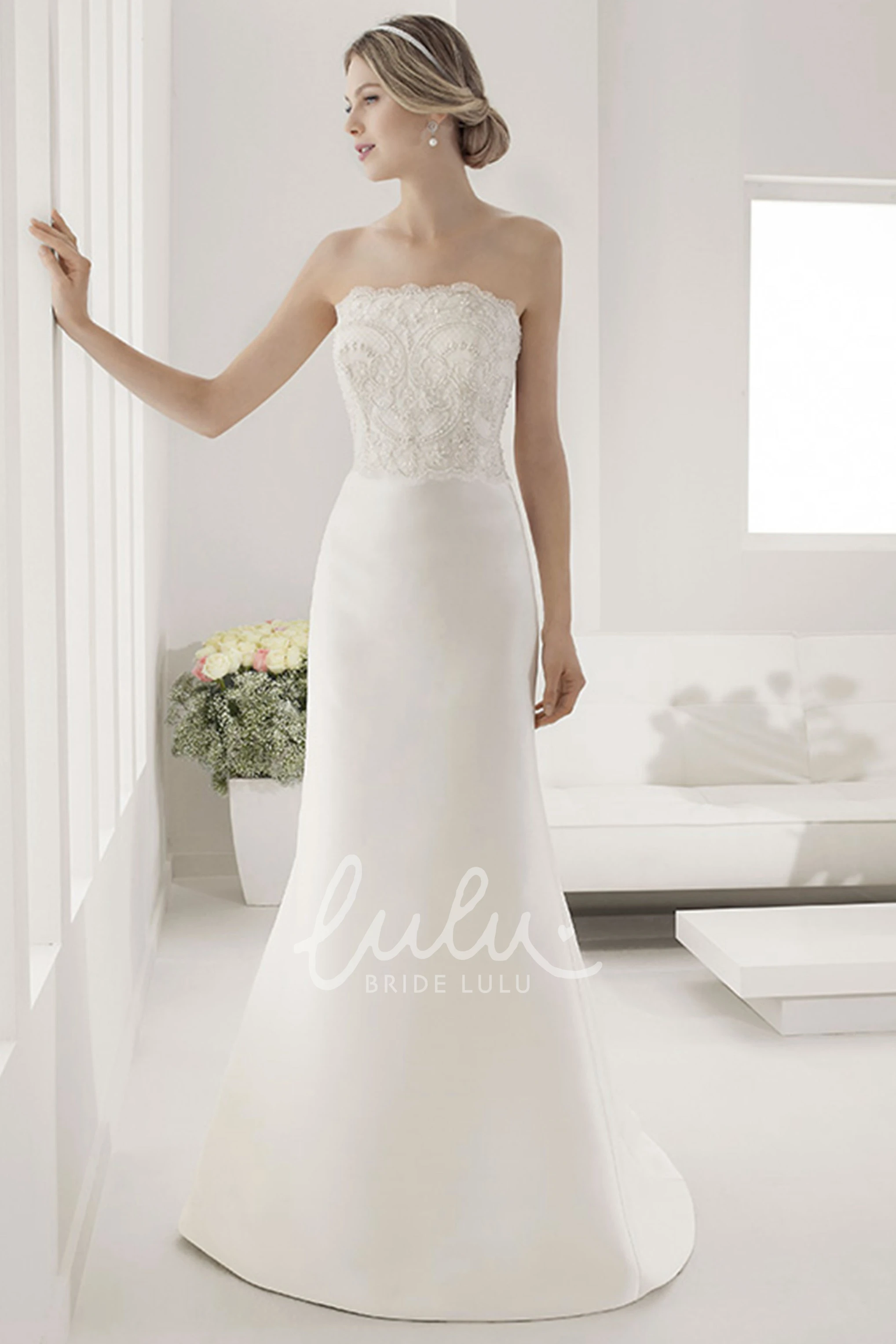 Strapless Lace Sheath Wedding Dress with Satin Keyhole Back and Bows