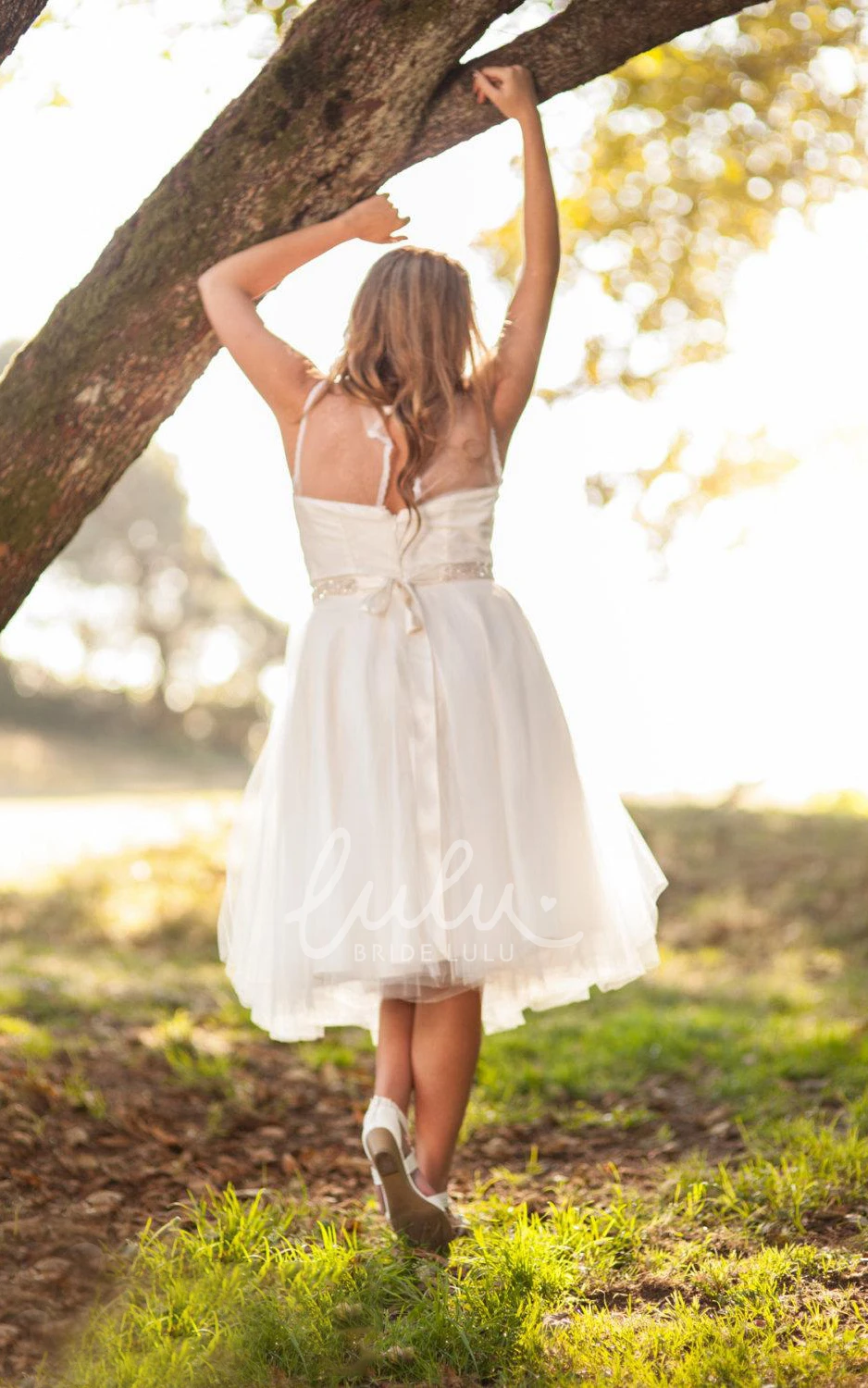 Bow Back Tulle Sleeveless V-neck Wedding Dress