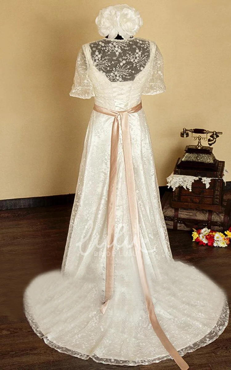 V-Neck Illusion Back Long Lace Wedding Dress With Sash And Flower