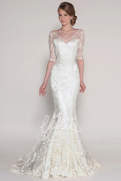 Appliqued Lace Wedding Dress with V-Back Half Sleeves and Sweep Train Maxi Bridal Gown