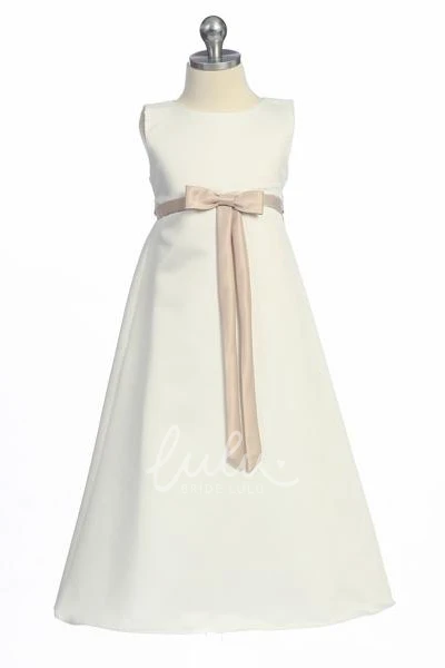 Sleeveless Satin Flower Girl Dress with Bow Ankle-Length