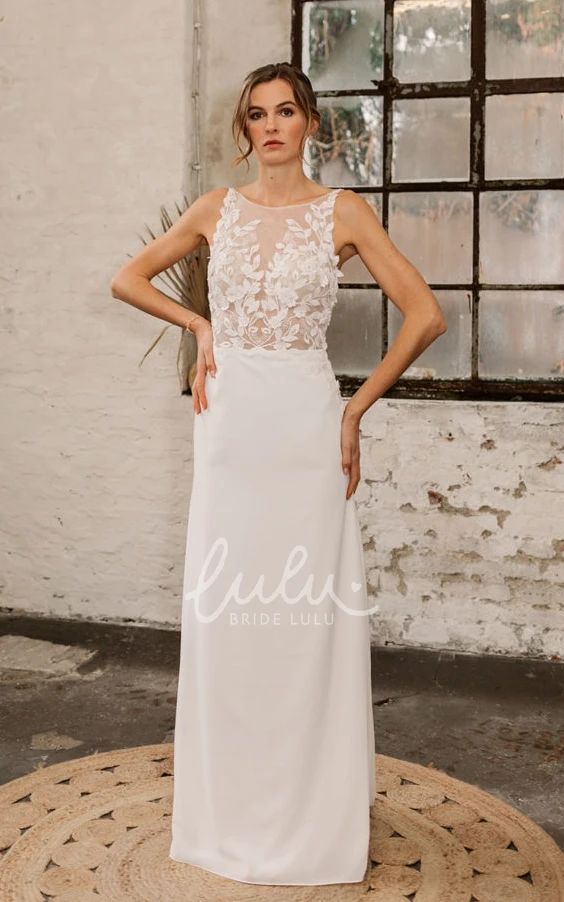 Sheath Satin Sexy Open Back Illusion Tulle Applique Elegant Trailing Wedding Dress