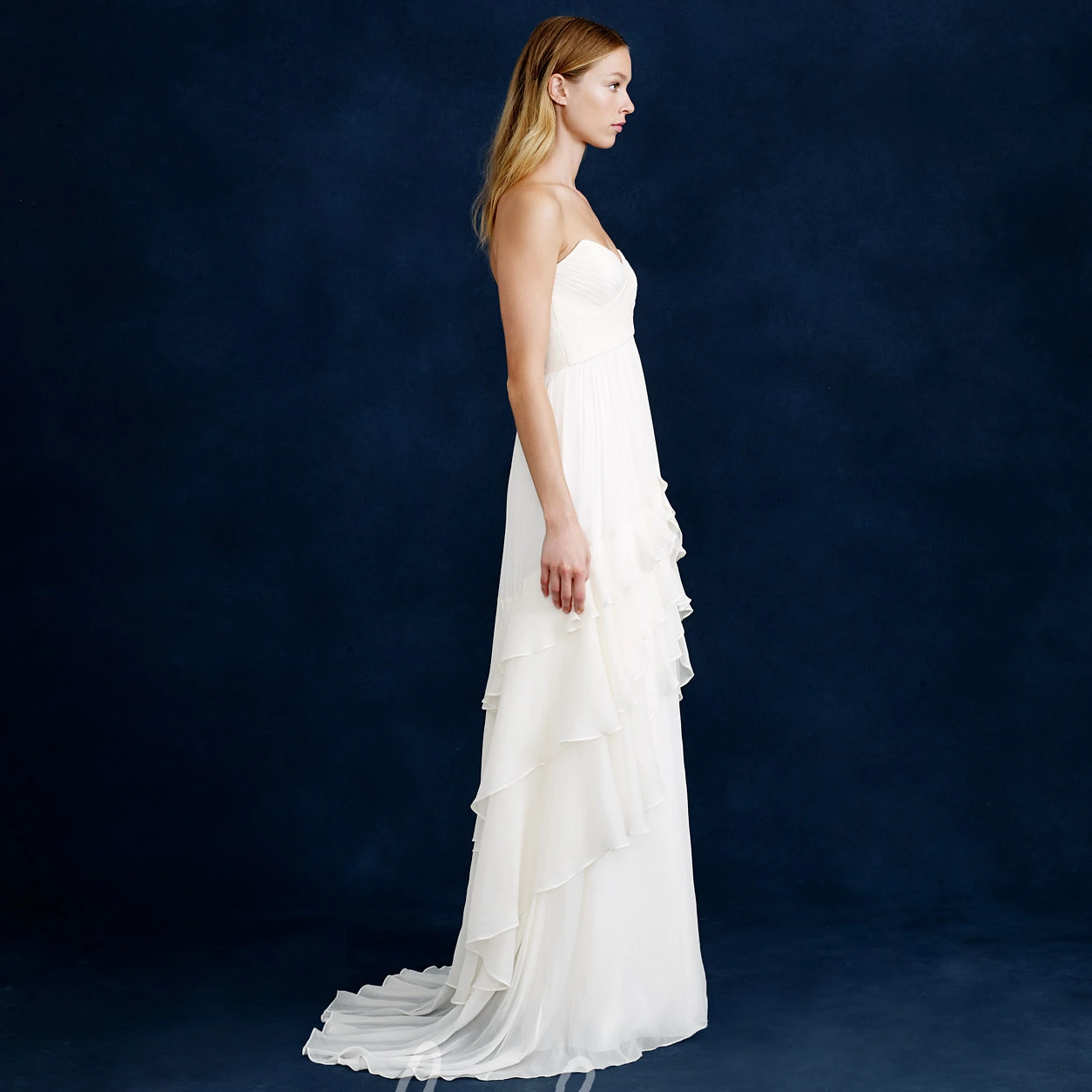 Chiffon A-Line Wedding Dress with Tiered Strapless and Long Design with Draping
