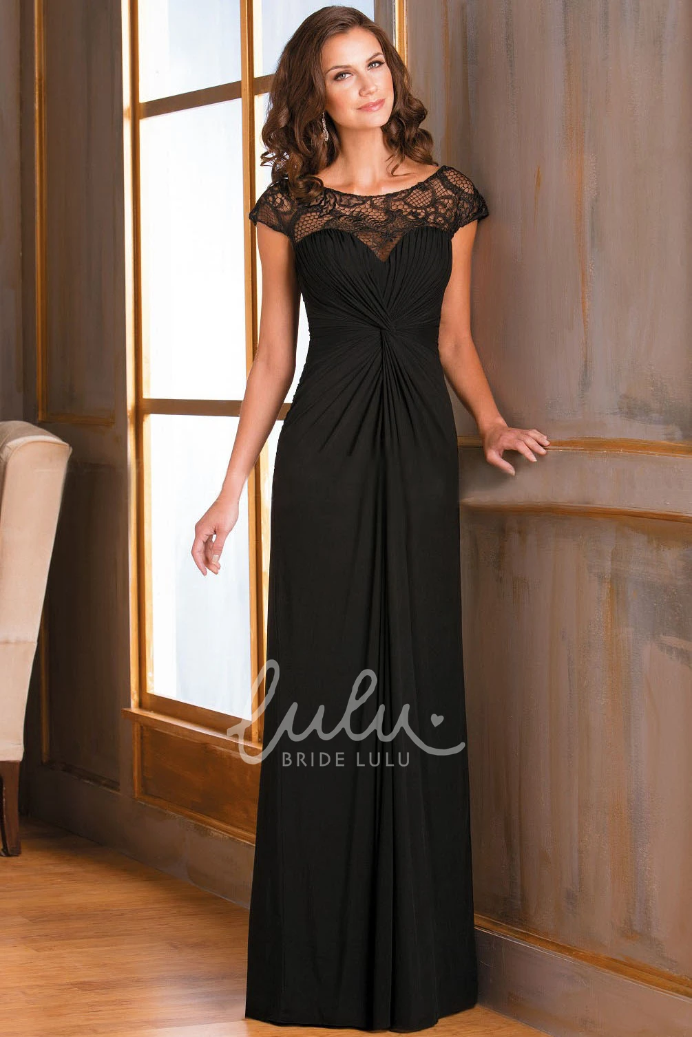 Ruched MOB Mother Of The Bride Dress with Illusion Lace Neckline Cap-Sleeved Long