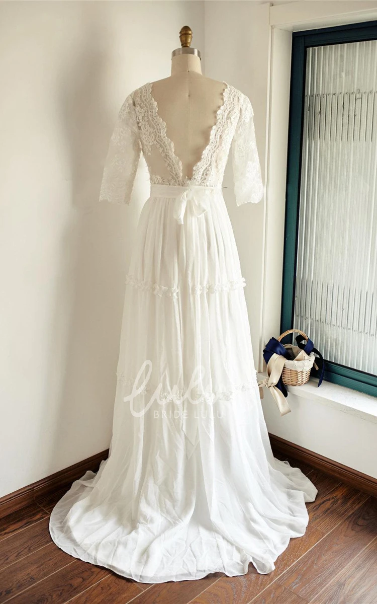 Backless Chiffon Lace Satin Weddig Dress With Low-V Back