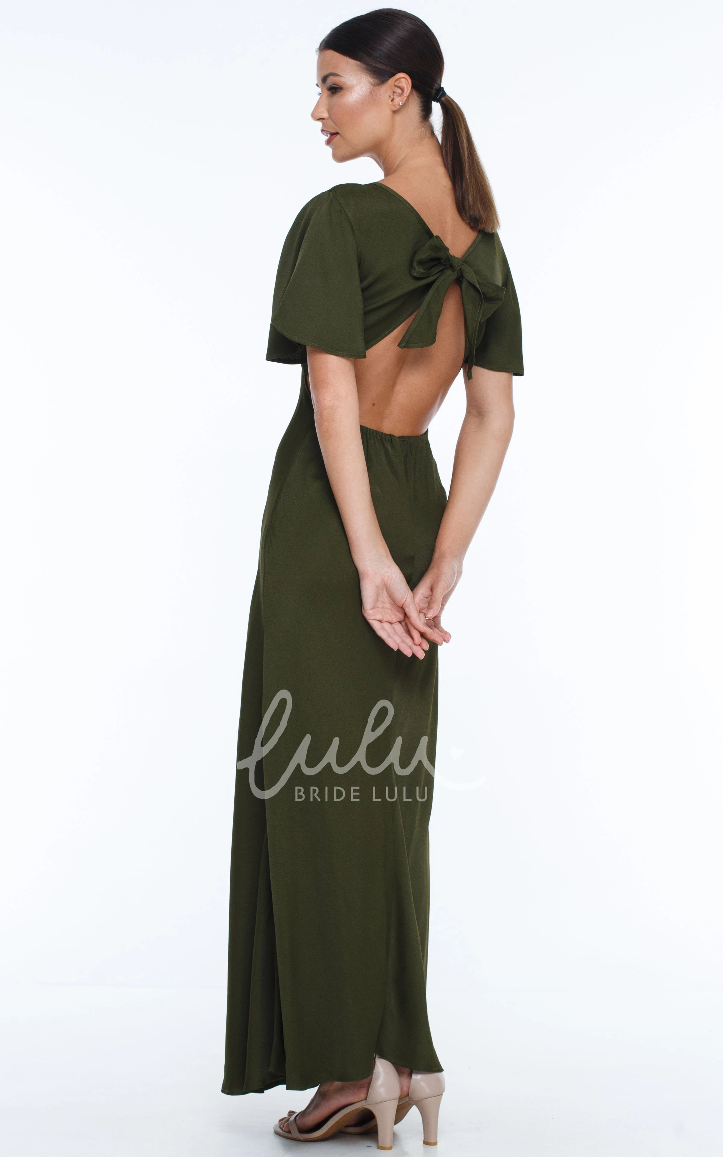 Elegant Chiffon V-neck Bridesmaid Dress with Open Back and Bow Casual Bridesmaid Dress