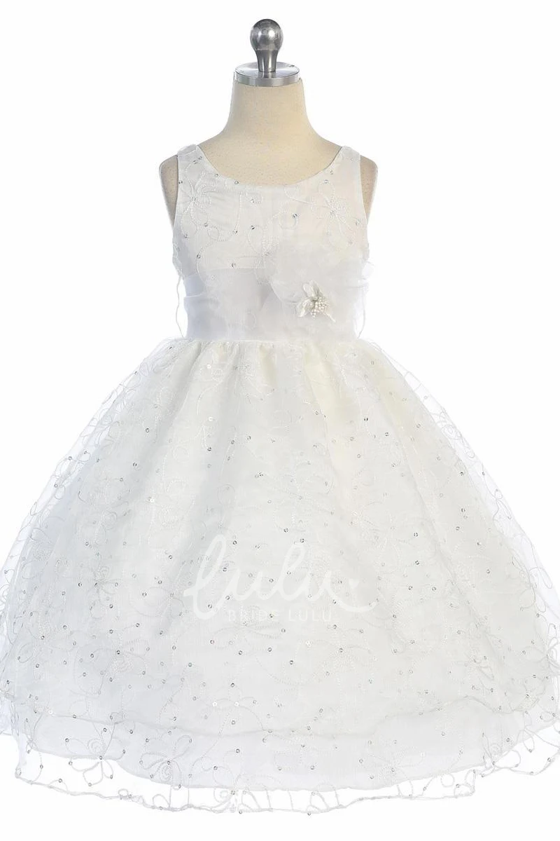 Embroidered Sequin Floral Tea-Length Organza Flower Girl Dress with Sash