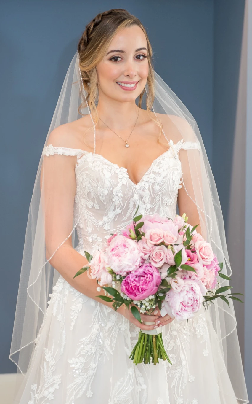 Gorgeous Off-the-Shoulder A-Line V-Neck Trailing Wedding Dress with Dreamy Appliqué