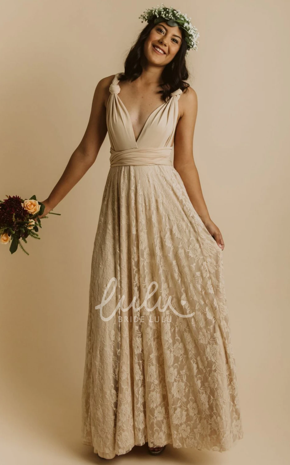 A-Line Jersey Lace Bridesmaid Dress with Convertible Straps and Open Back