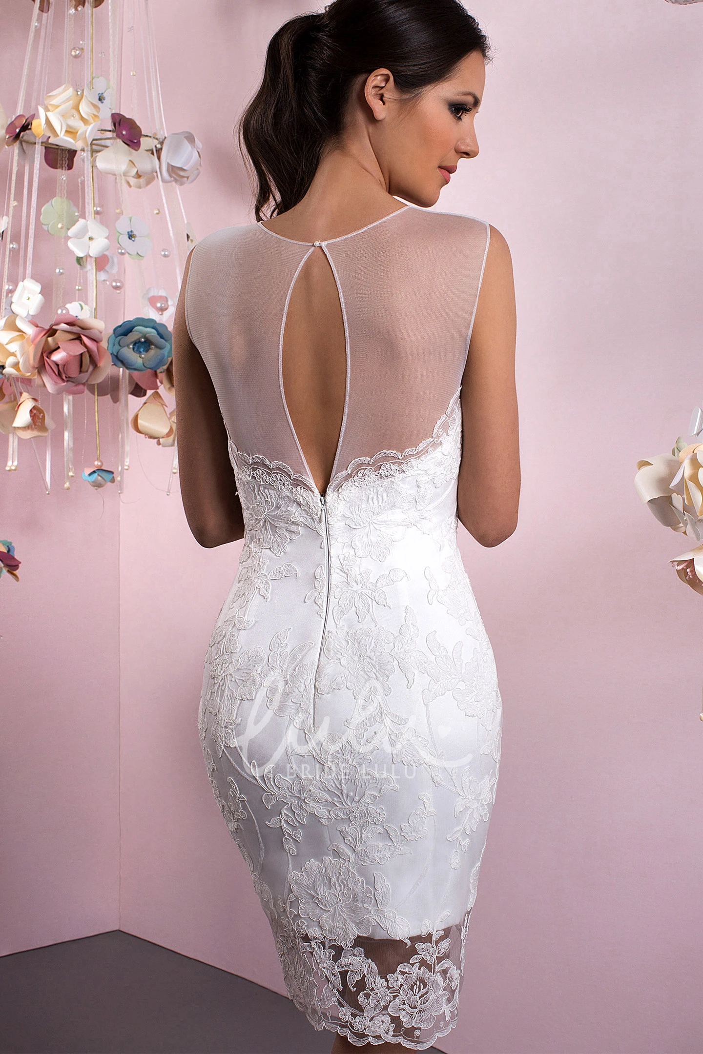 Lace Scoop Satin Wedding Dress with Illusion Back A-Line Floor-Length Style