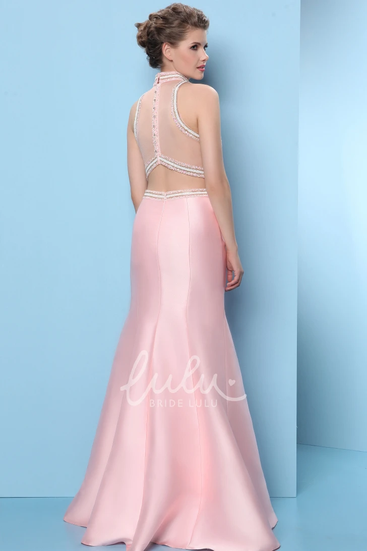 Sleeveless Trumpet Prom Dress with High-Neck and Beaded Satin