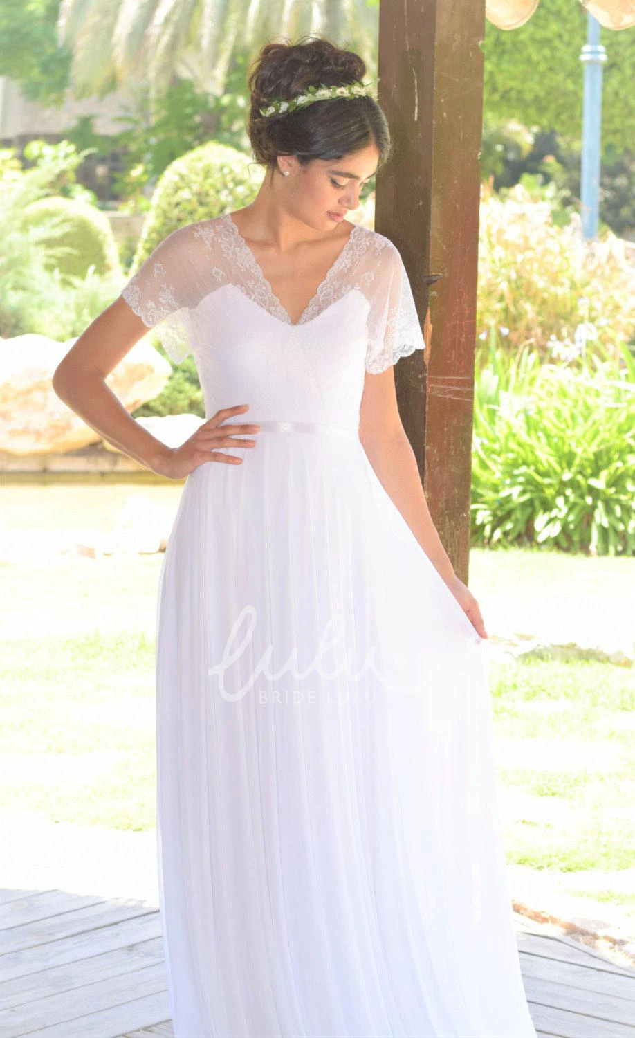 Deep-V Back Lace Chiffon Wedding Dress with Short Sleeves