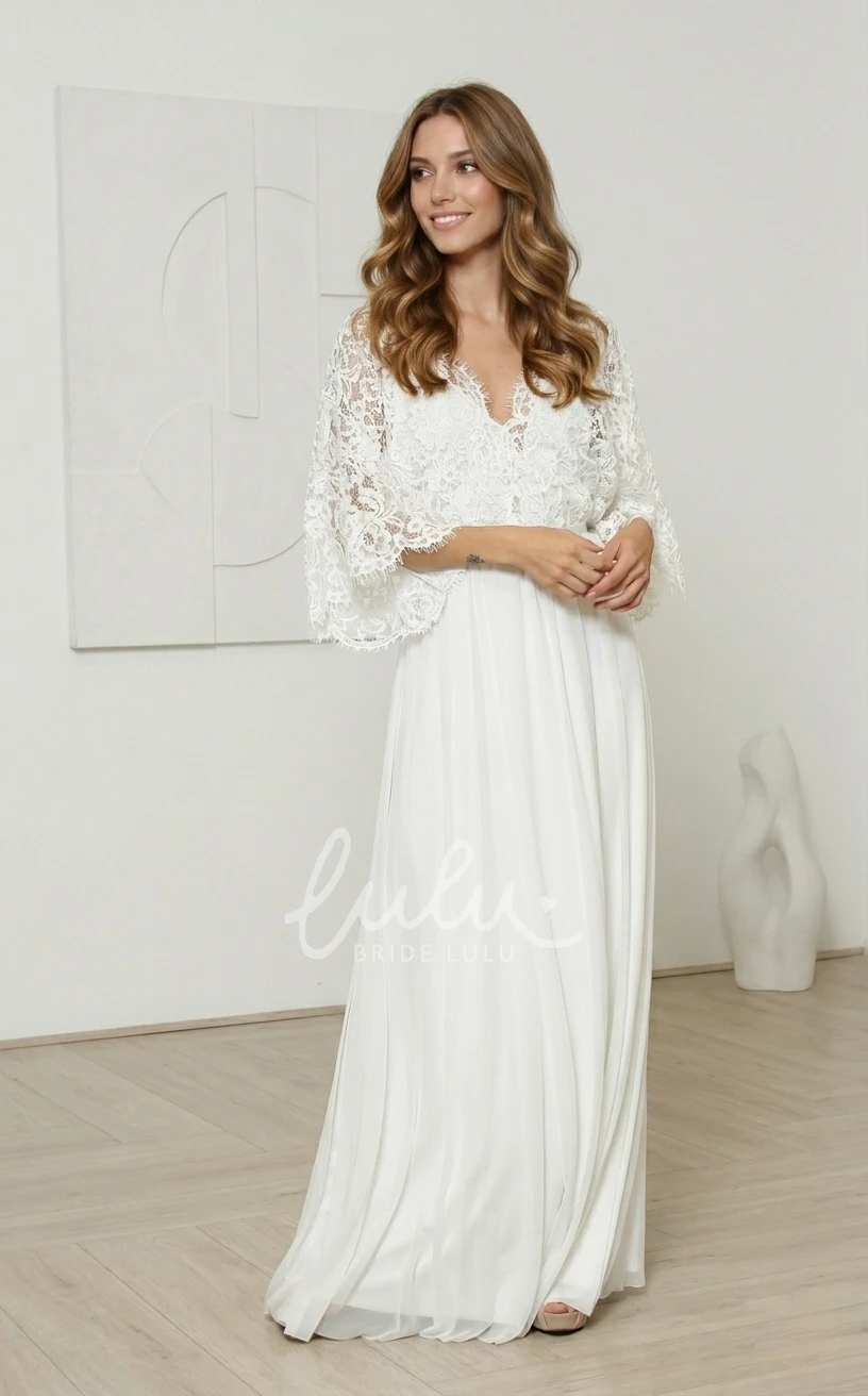 V-neck Boho Lace Sheath Ethereal Bat Sleeve Floor-length Bride Summer Wedding Dress Destination