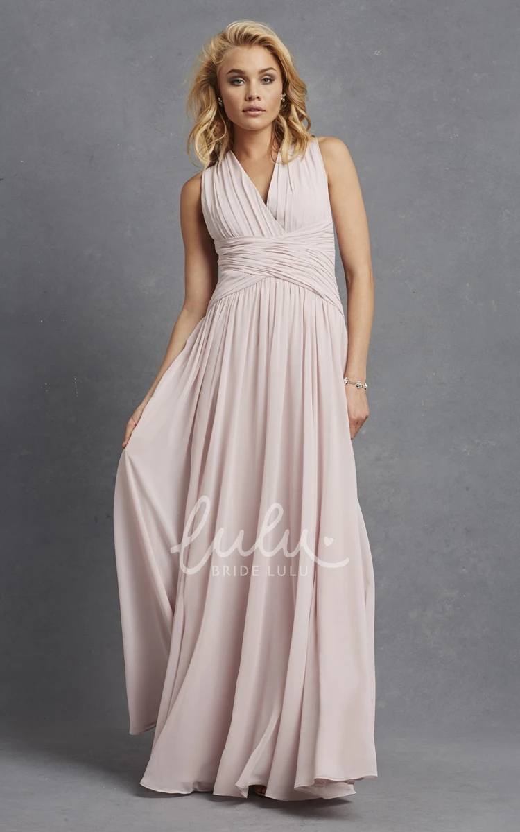 V-Neck Sleeveless Chiffon Dress with Ruching and Crisscross Detail