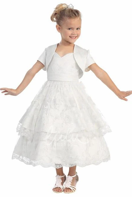 Lace and Satin Tiered Bolero Flower Girl Dress Classy Spring Wedding Dress
