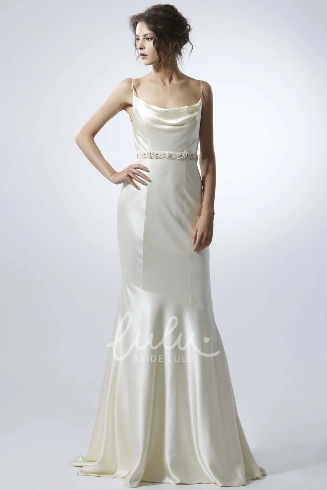 Jeweled Satin Spaghetti Wedding Dress with Brush Train and V Back Glamorous Floor-Length Style