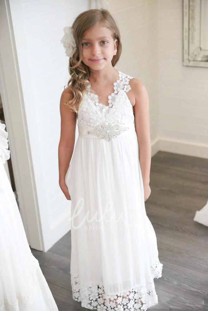 Ethereal Sleeveless V-Neck Boho Flowergirl Dress with Empire Waist Sash and Bow Sweep Train