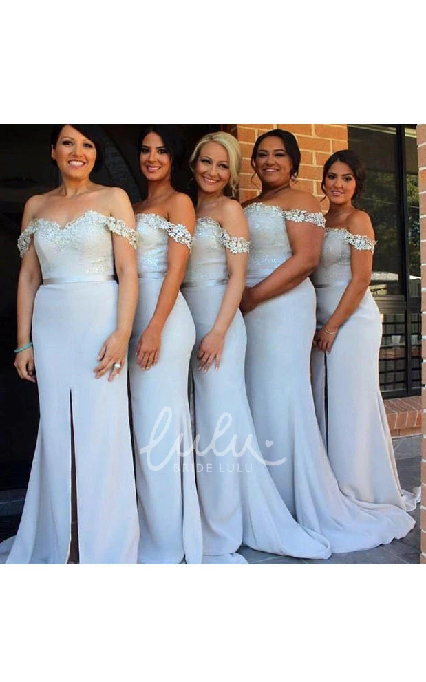 Off-the-shoulder Trumpet Lace Satin Bridesmaid Dress with Appliques