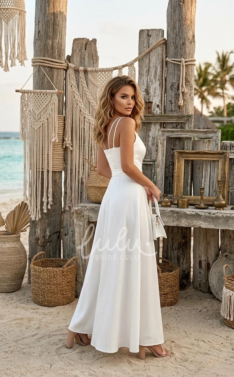 A-Line Split Front V-neck Simple Sexy Solid Beach Floor-length Sleeveless Zipper Straps Back Spring Wedding Dress
