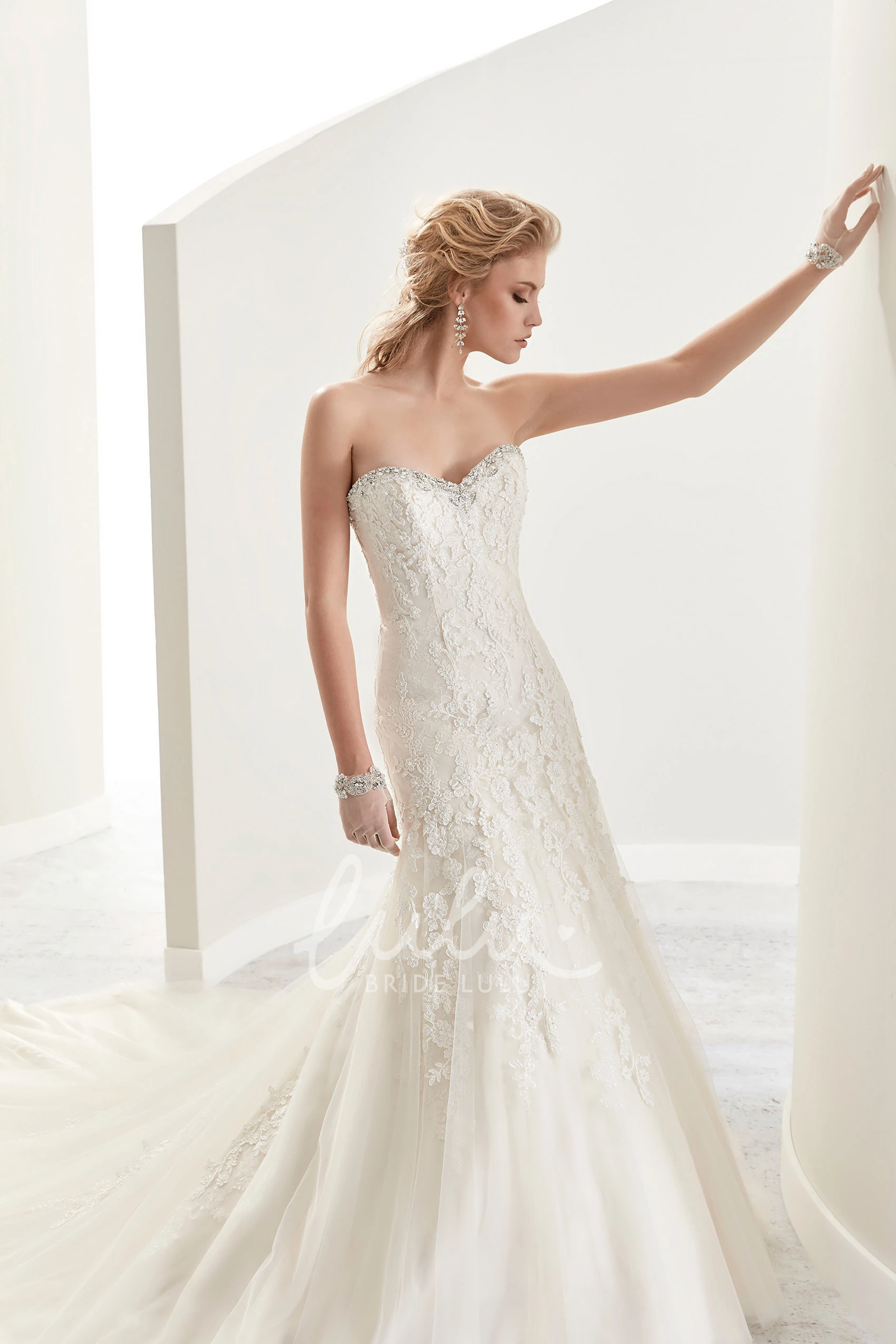 Lace Wedding Dress with Beaded Appliques and Court Train