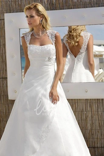 Maxi Tulle A-Line Wedding Dress with Cap Sleeves Waist Jewelry and Keyhole Back