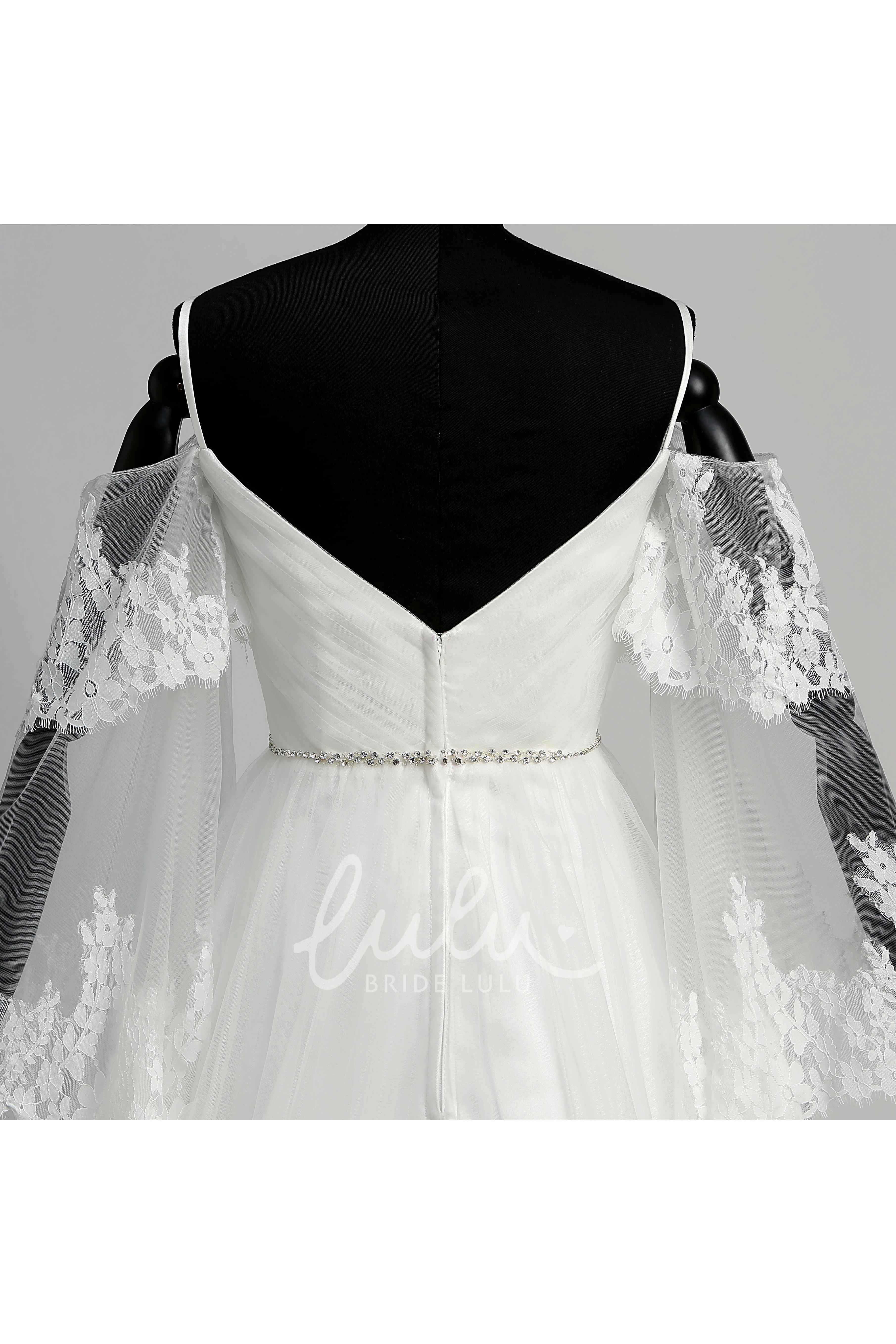 Tulle A-line Wedding Dress with Off-the-shoulder Neckline Spaghetti Straps Bell Sleeves and Illusion Details