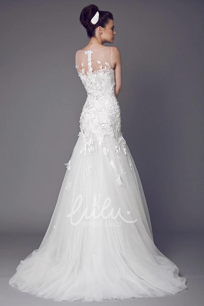 Illusion Bateau Neckline Wedding Dress with Court Train and Long Tulle Appliques Timeless Bridal Gown