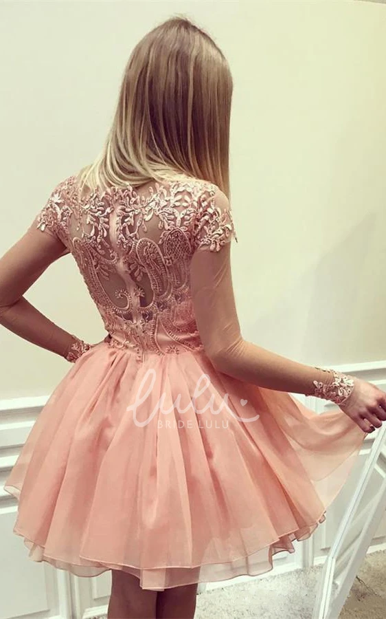 Pink Short Tulle Lace Jewel Neckline Homecoming Dress Vintage Formal Illusion Sleeve Prom Party Dress with Appliques