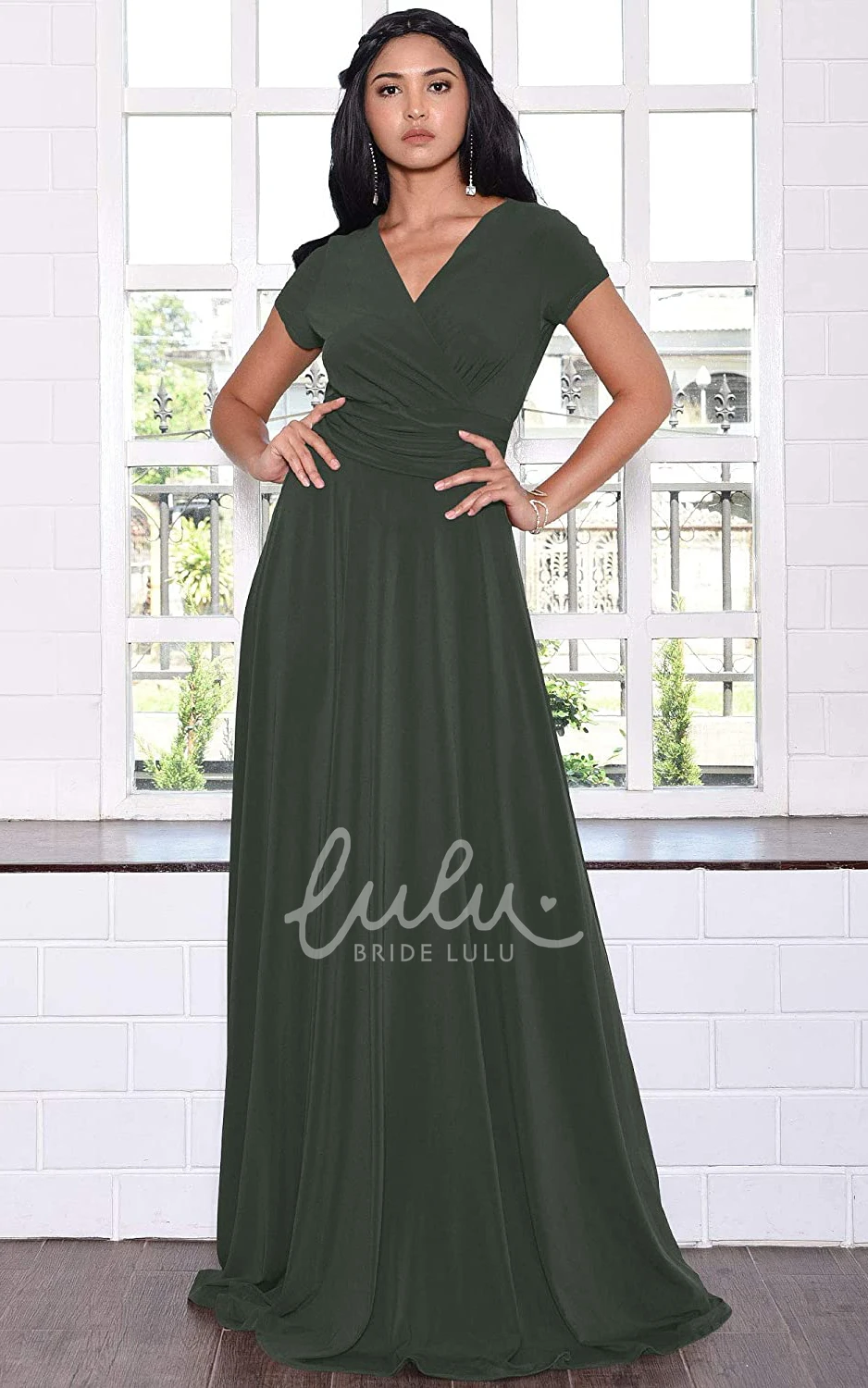 Simple Jersey V-neck A-line Evening Dress with Criss Cross and Pleats Prom Dress