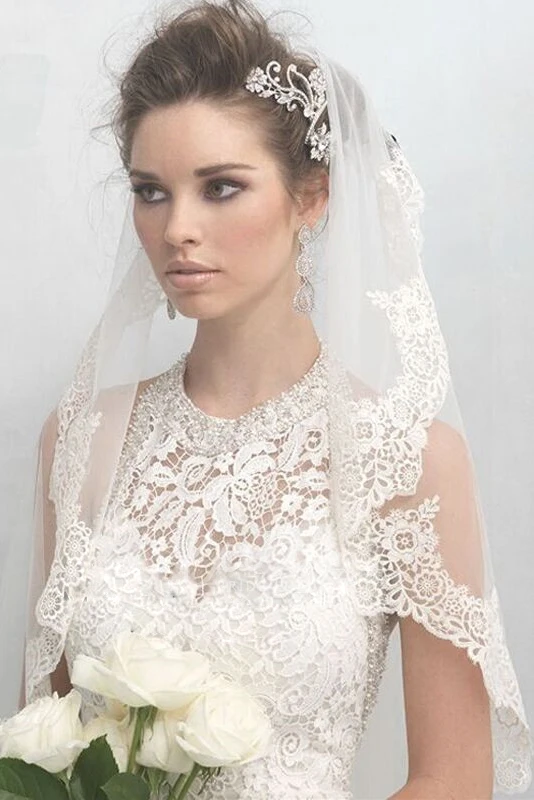 Elbow Length Tulle Veil with Lace Applique Edge for Wedding Dress