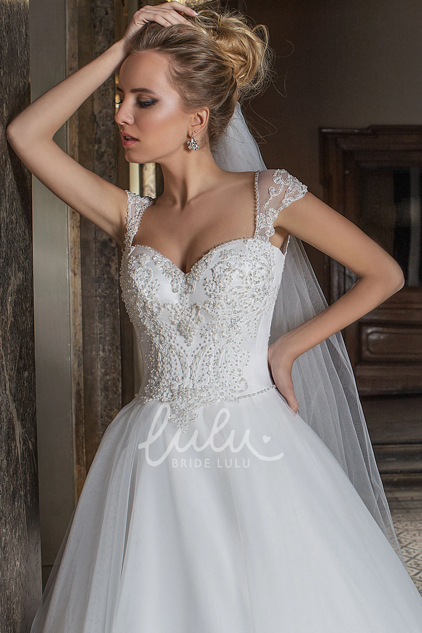 Appliqued Tulle Wedding Dress with Beading and Illusion Maxi Cap-Sleeve Sweetheart