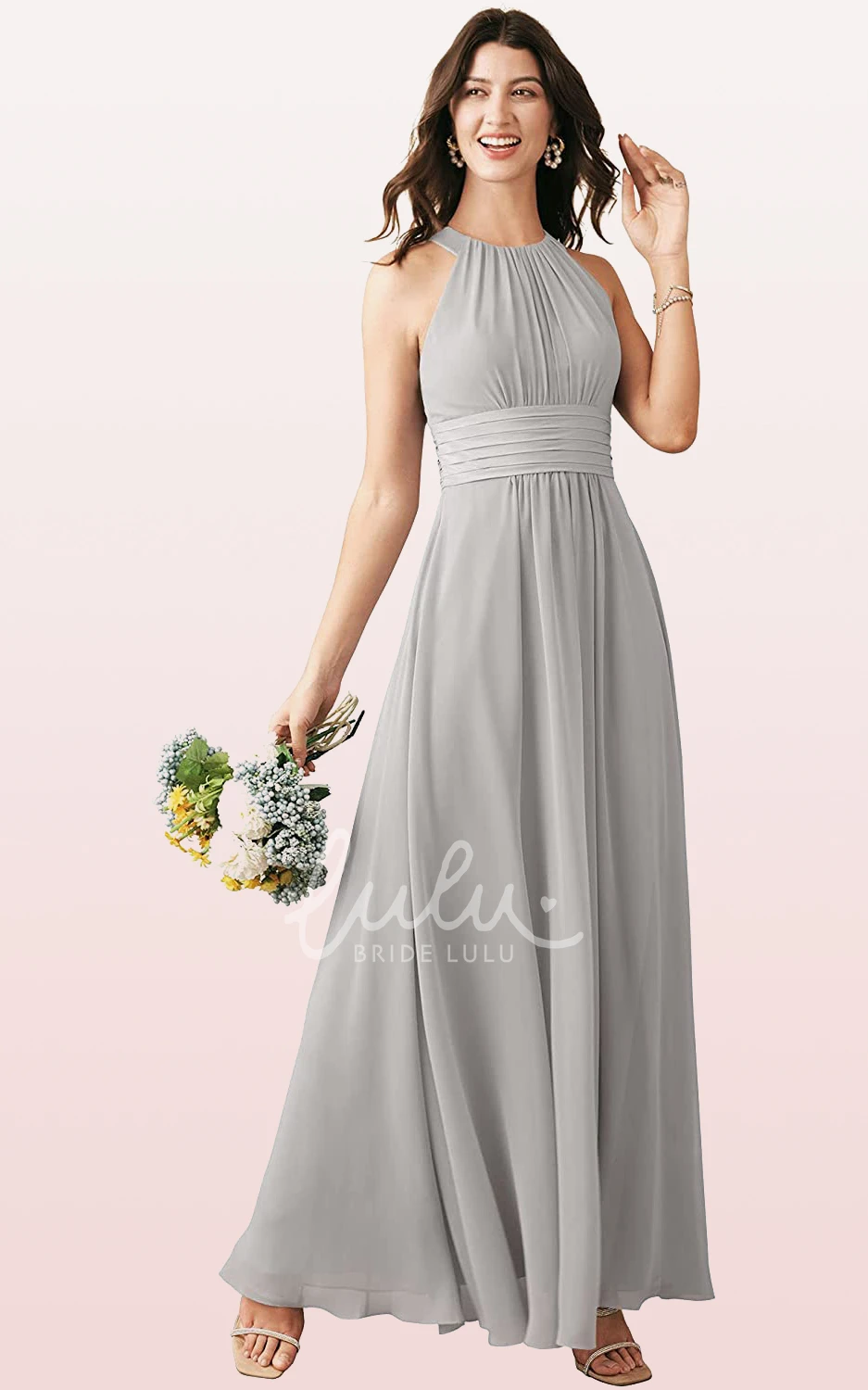 Halter Chiffon Ankle-Length A-Line Bridesmaid Dress with Ruching Boho & Beachy