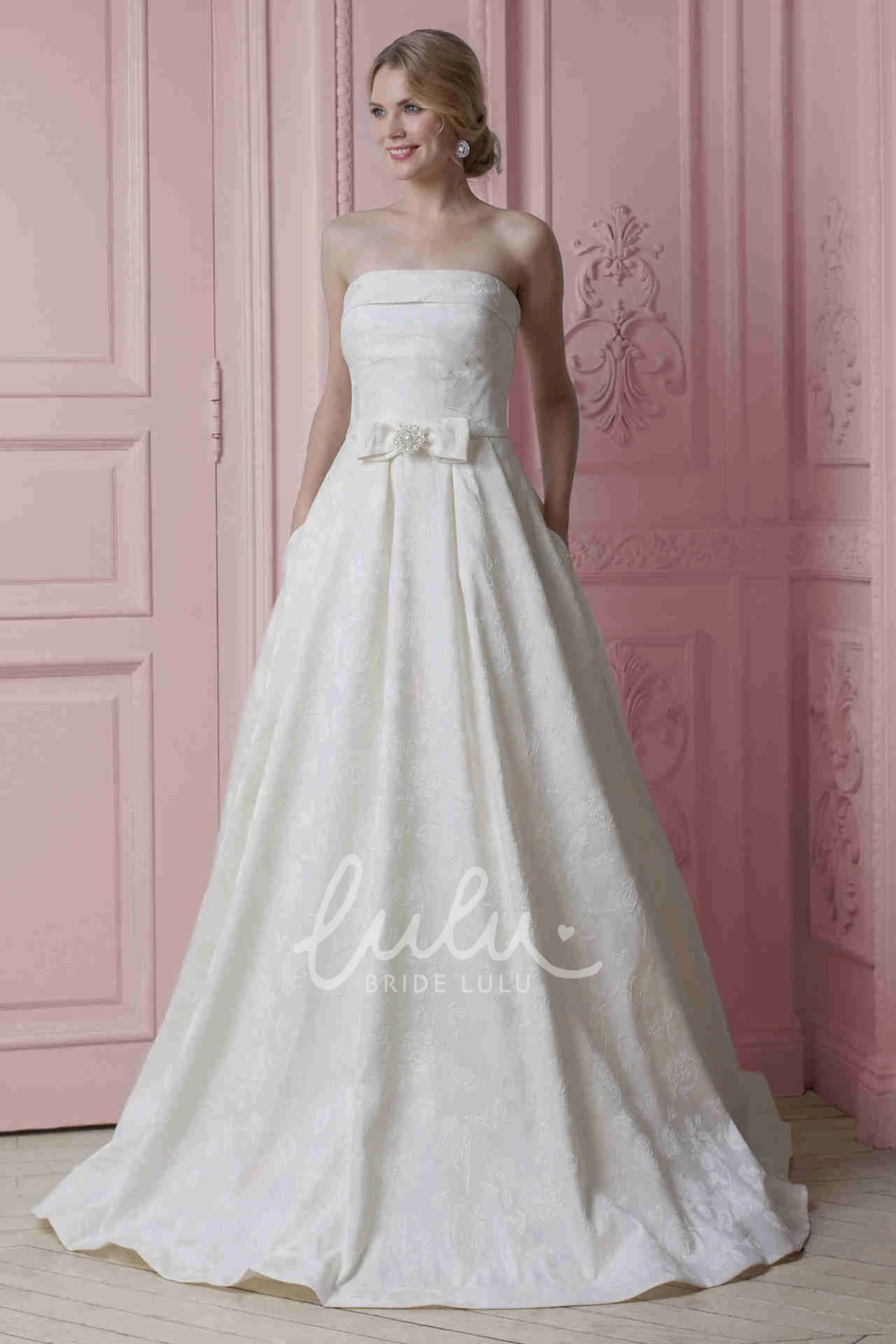 Strapless Maxi Satin Wedding Dress with Embroidery and Bow Classic Wedding Dress for Women