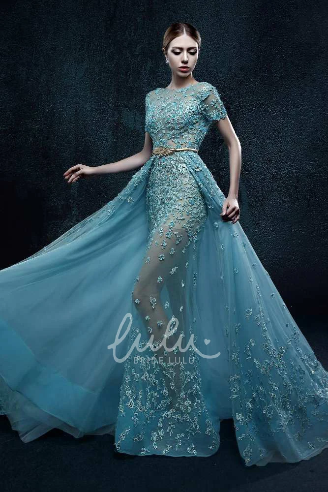 Pleated Organza A-line Dress with Flowers Short Sleeve