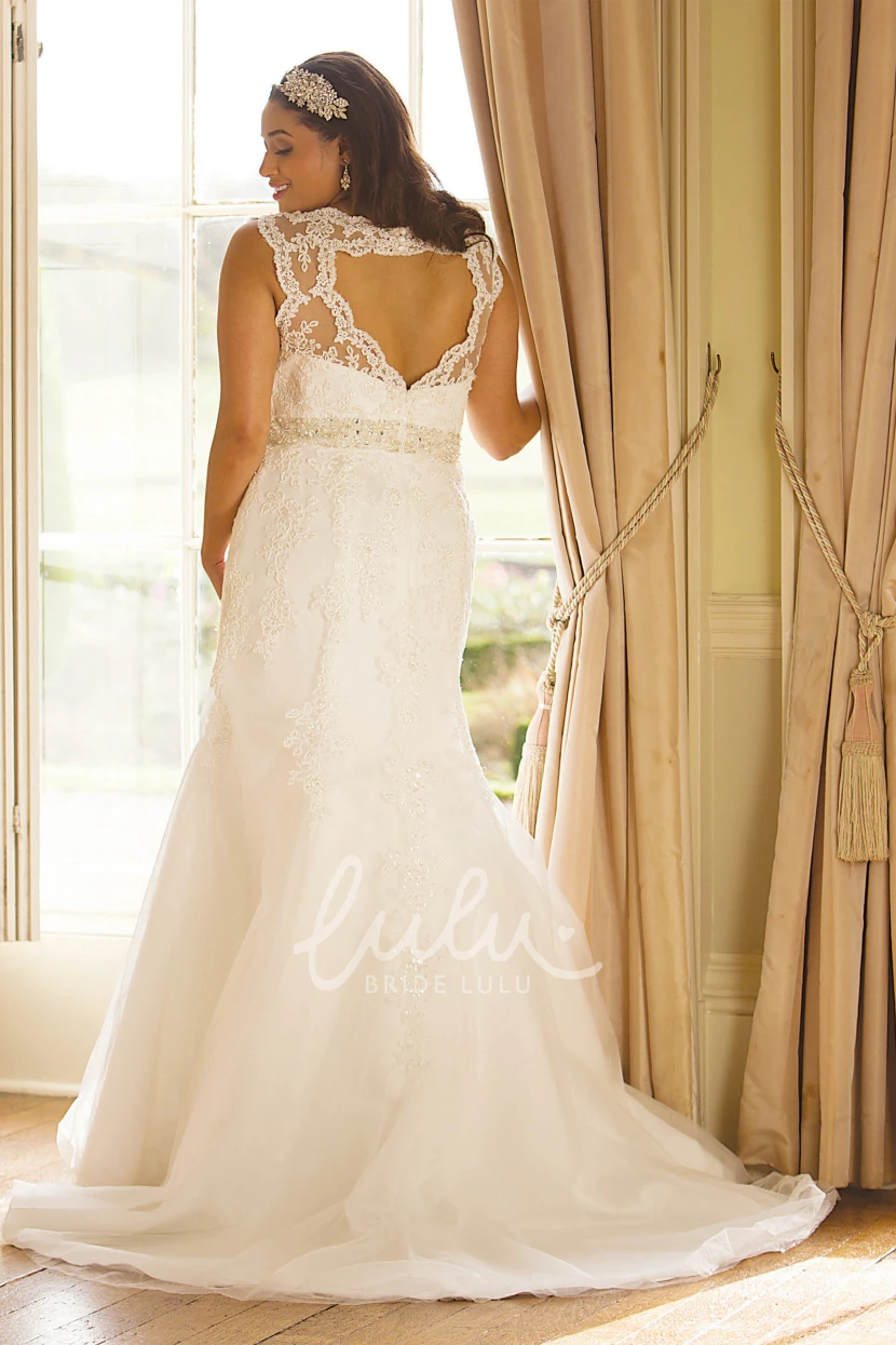 Jeweled Sleeveless Lace Scoop-Neck Plus Size Wedding Dress