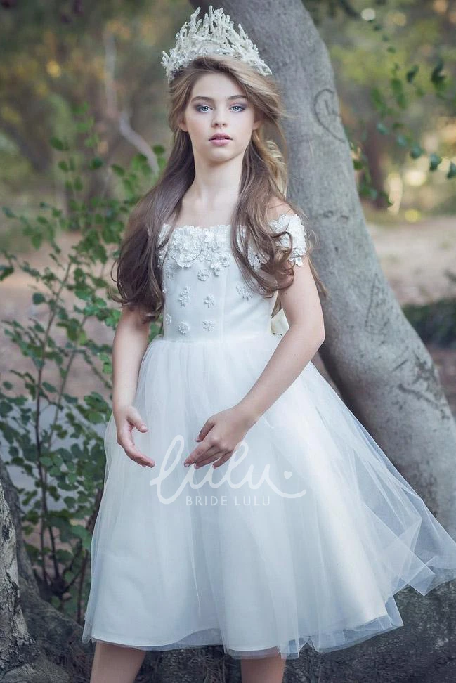Appliqued Tea-Length Satin Flower Girl Dress with Embroidery
