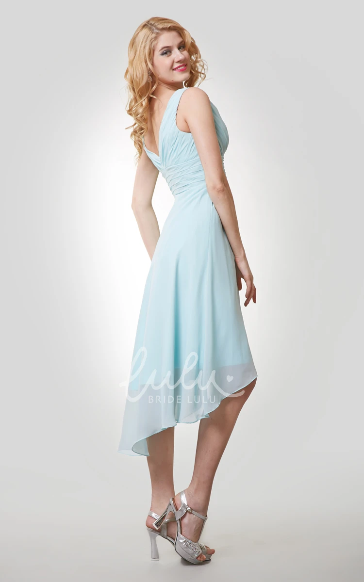 Sleeveless V-Neck Chiffon Bridemaid Dress with Ruching and High-Low Hem
